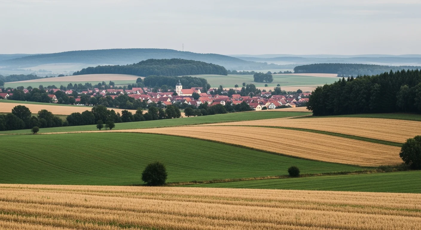 Weite Saxon-Landschaft bei Zwickau — sanfte Hügel, Felder und ein kleines Dorf